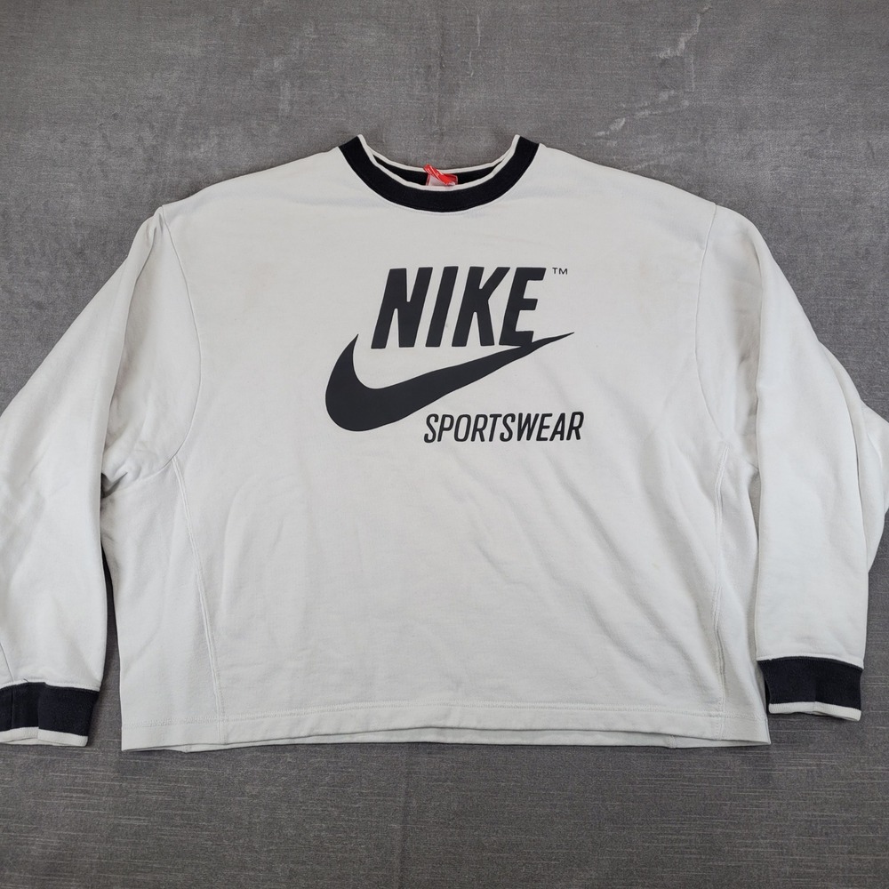 Nike Sportswear 90s Womens XL White Black Crewneck Sweatshirt Big Logo Pullover‎